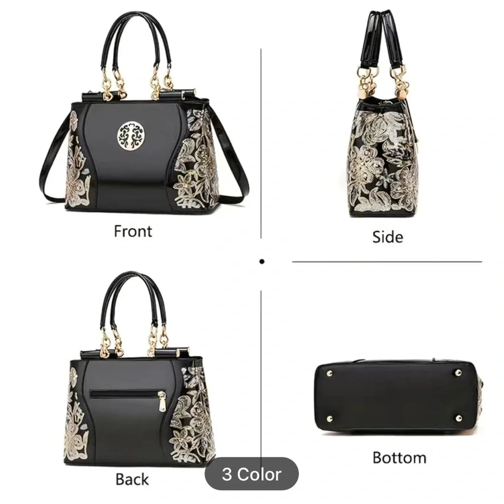 Beautiful NWOT black patent leather handbag with sequin flowers - Picture 4 of 13